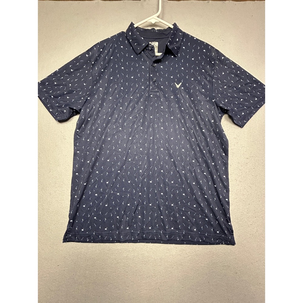 Callaway Polo Shirt 100% Polyester Navy Blue Golf Martini Print Medium Mens